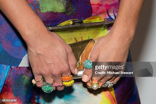 Catherine Giudici Lowe, jewelry detail, attends the Desigual fashion show during Spring 2016 New York Fashion Week at The Arc, Skylight at Moynihan...