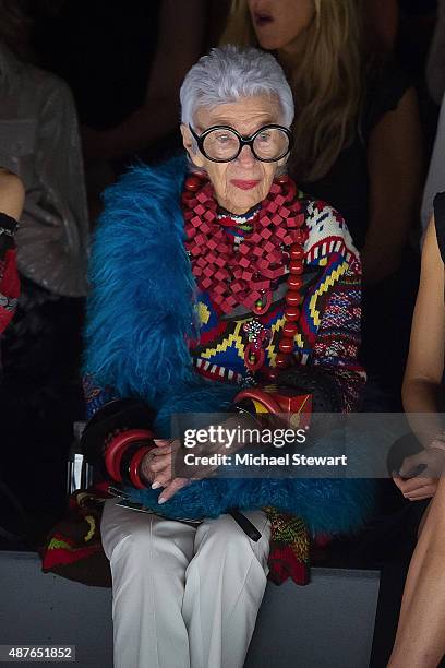 Iris Apfel attends the Desigual fashion show during Spring 2016 New York Fashion Week at The Arc, Skylight at Moynihan Station on September 10, 2015...