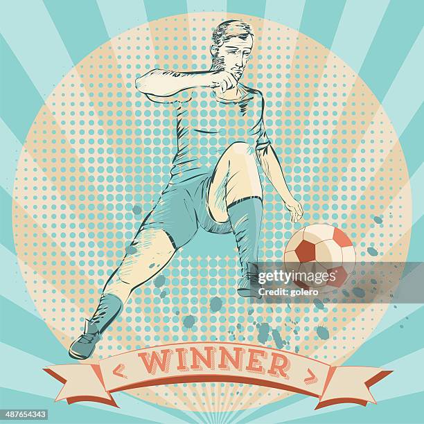 scribble of a soccer player in retro style - kicking-soccer-ball-clip-art stock illustrations