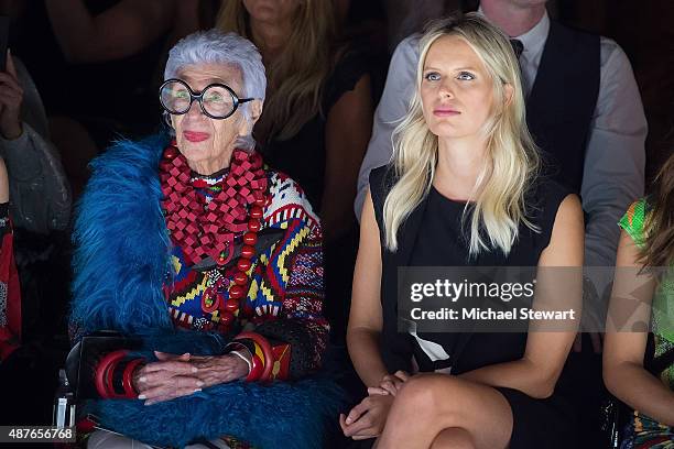 Iris Apfel and model Karolina Kurkova attend the Desigual fashion show during Spring 2016 New York Fashion Week at The Arc, Skylight at Moynihan...