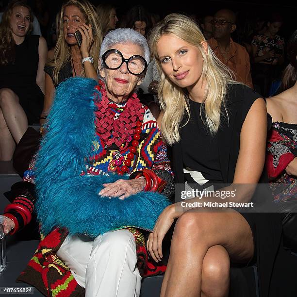 Iris Apfel and model Karolina Kurkova attend the Desigual fashion show during Spring 2016 New York Fashion Week at The Arc, Skylight at Moynihan...