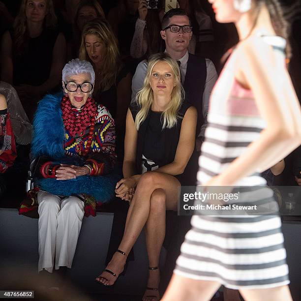 Iris Apfel and model Karolina Kurkova attend the Desigual fashion show during Spring 2016 New York Fashion Week at The Arc, Skylight at Moynihan...