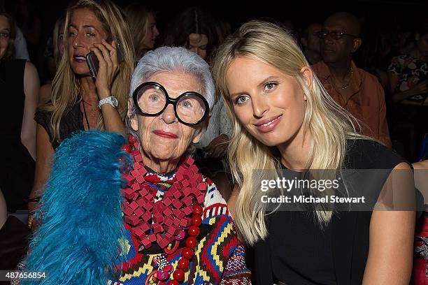 Iris Apfel and model Karolina Kurkova attend the Desigual fashion show during Spring 2016 New York Fashion Week at The Arc, Skylight at Moynihan...