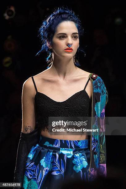 Model Sita Abellan walks the runway during the Desigual fashion show during Spring 2016 New York Fashion Week at The Arc, Skylight at Moynihan...