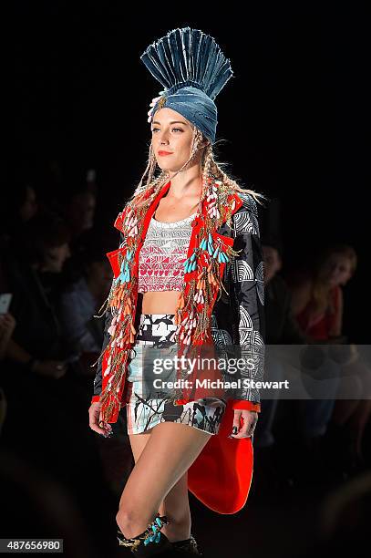 Model Chloe Norgaard walks the runway during the Desigual fashion show during Spring 2016 New York Fashion Week at The Arc, Skylight at Moynihan...