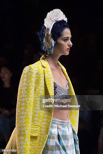 Model Sita Abellan walks the runway during the Desigual fashion show during Spring 2016 New York Fashion Week at The Arc, Skylight at Moynihan...