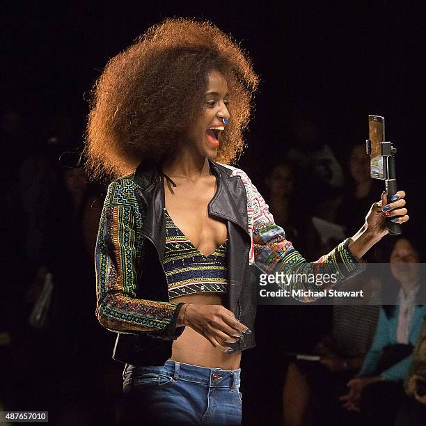 Model walks the runway during the Desigual fashion show during Spring 2016 New York Fashion Week at The Arc, Skylight at Moynihan Station on...