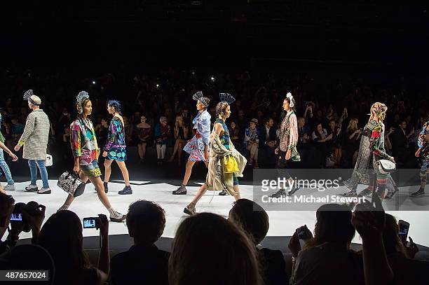 Models walk the runway during the Desigual fashion show during Spring 2016 New York Fashion Week at The Arc, Skylight at Moynihan Station on...