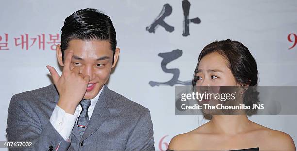 Yoo Ah-In and Moon Geun-Young attend the movie 'The Throne' press premiere at Megabox on September 3, 2015 in Seoul, South Korea.