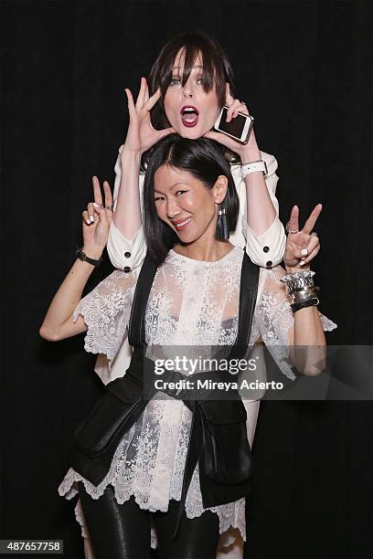 Model Coco Rocha and fashion designer Marissa Webb pose backstage before the Marissa Webb fashion during Spring 2016 MADE Fashion Week at Milk...