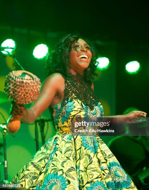 Laura Mvula performs on stage in the Big Top during Cheltenham Jazz Festival on May 1, 2014 in Cheltenham, United Kingdom.