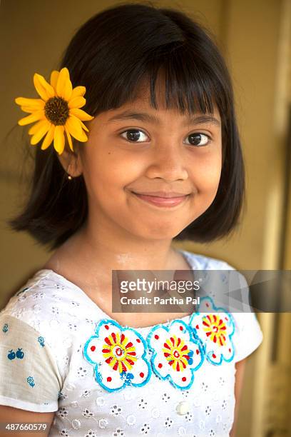 a 10 year old indian girl with sunflower - bengali girl stock-fotos und bilder