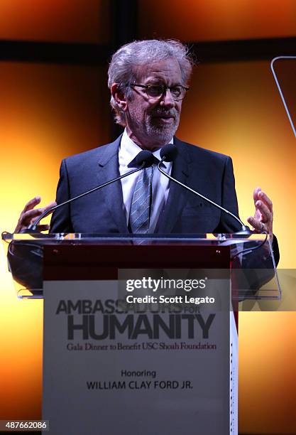 Shoah Foundation founder Steven Spielberg speaks onstage at the USC Shoah Foundation Ambassadors for Humanity Gala honoring William Clay Ford, Jr. At...