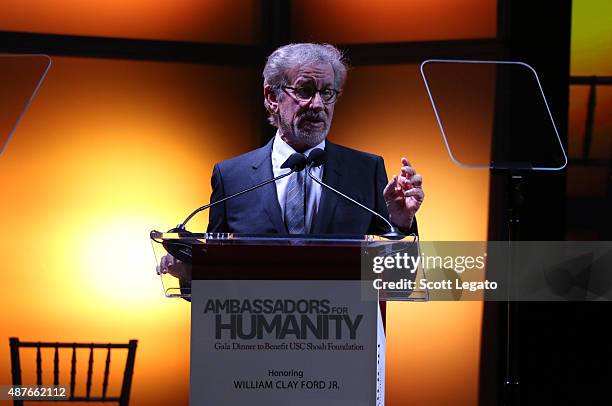 Shoah Foundation founder Steven Spielberg speaks onstage at the USC Shoah Foundation Ambassadors for Humanity Gala honoring William Clay Ford, Jr. At...