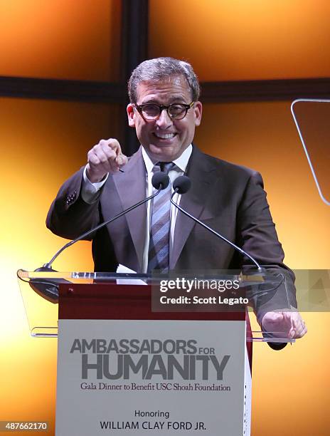 Host Steve Carell speaks onstage at the USC Shoah Foundation Ambassadors for Humanity Gala honoring William Clay Ford, Jr. At the Henry Ford Museum...