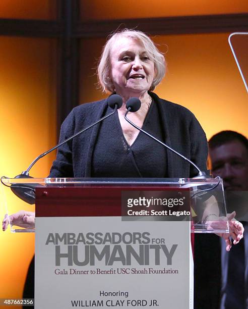 Holocaust survivor Paula Lebovics speaks onstage at the USC Shoah Foundation Ambassadors for Humanity Gala honoring William Clay Ford, Jr. At the...