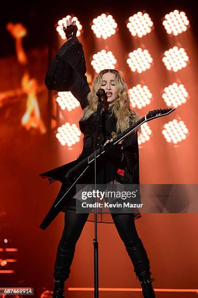 Madonna performs onstage during her "Rebel Heart" tour opener at Bell Centre on September 10, 2015 in Montreal, Canada.