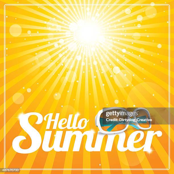 hallo sommer poster mit kühlen weißen sonnenbrille und dem glorreichen sonnenschein - hello summer stock-grafiken, -clipart, -cartoons und -symbole