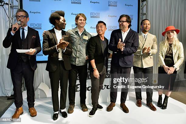 Nick Sullivan, Afriyie Poku, Ryan Barr, Stanley Cheung, Billy Reid, John Legend and Savannah Yarborough speak onstage as AXE and Esquire present the...