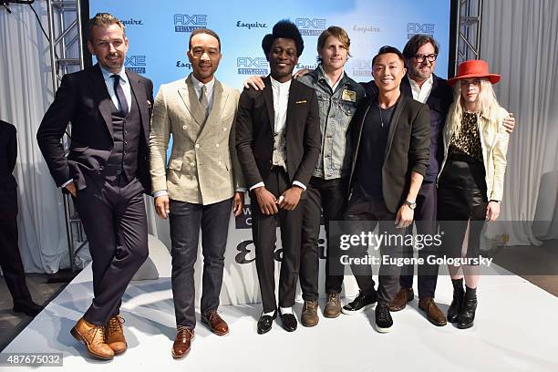 Nick Sullivan, John Legend, Afriyie Poku, Ryan Barr, Stanley Cheung, Billy Reid and Savannah Yarborough pose onstage as AXE and Esquire present the...