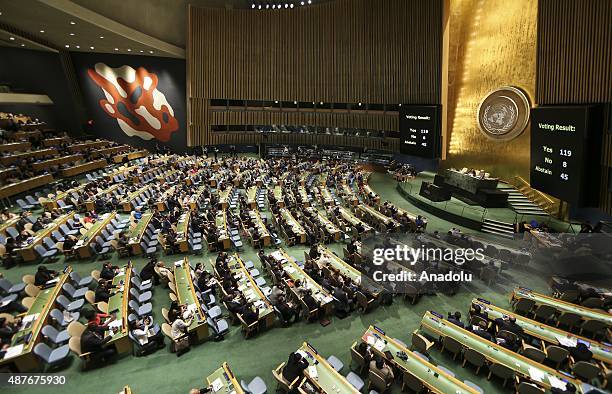 The UN General Assembly adopts a resolution on September 10, 2015 that will allow the Palestinian flag to be raised at the world body's headquarters...