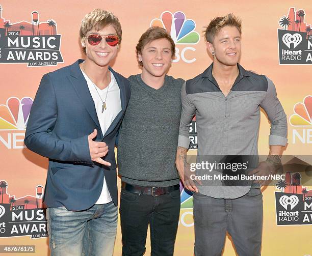 IHEARTRADIO MUSIC AWARDS -- Pictured: Singers Keaton Stromberg, Wesley Stromberg and Drew Chadwick of Emblem3 arrive at the iHeartRadio Music Awards...