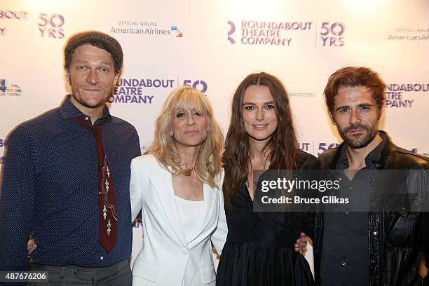 Judith Light, Keira Knightley and Matt Ryan pose at the Roundabout Theater Company's 50th Anniversary Season Party at The American Airlines Theater...