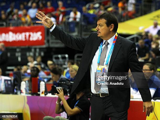 Head coach of Turkey Ergin Ataman reacts during the FIBA EuroBasket 2015 Group B basketball match between Turkey vs Iceland at Mercedes Benz Arena in...