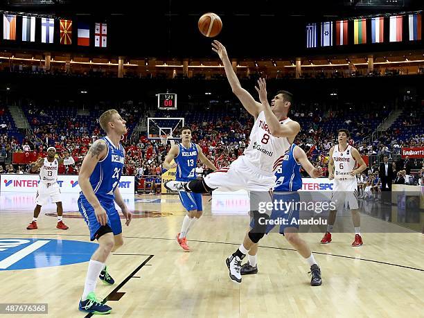 Ersan Ilyasova of Turkey in action during the FIBA EuroBasket 2015 Group B basketball match between Turkey vs Iceland at Mercedes Benz Arena in...