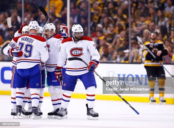 Subban of the Montreal Canadiens reacts after scoring in the first period against the Boston Bruins in Game One of the Second Round of the 2014 NHL...