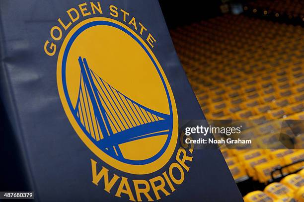 Close up of the Golden State Warriors logo before a game against the Los Angeles Clippers in Game Six of the Western Conference Quarterfinals during...