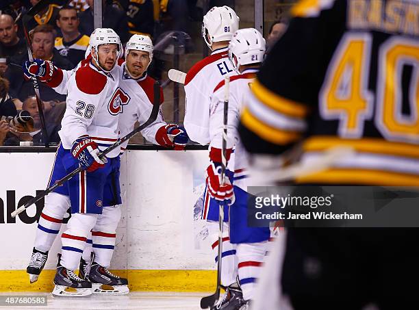 Rene Bourque of the Montreal Canadiens celebrates after scoring past Tuukka Rask of the Boston Bruins in the second period in Game One of the Second...