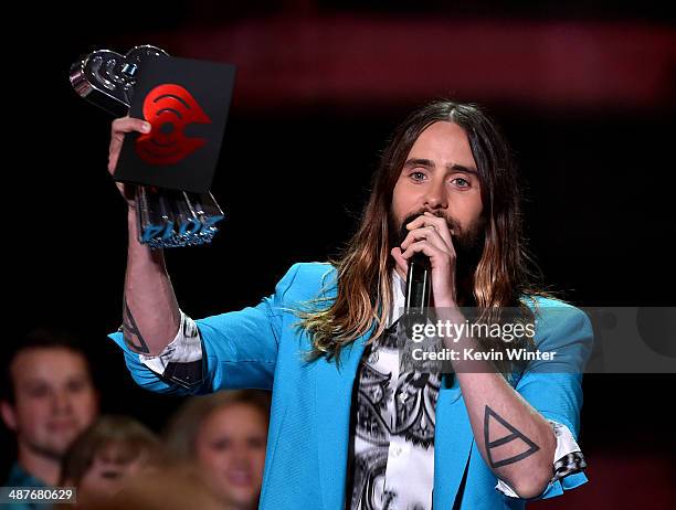 Actor/musician Jared Leto accepts the Best New Artist award on behalf of singer/songwriter Lorde onstage during the 2014 iHeartRadio Music Awards...