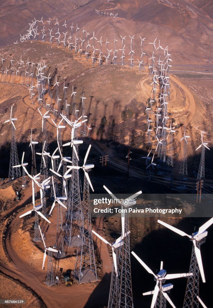 Aerial view of wind turbines on Tehachapi Pass, Mojave Desert, California, United States