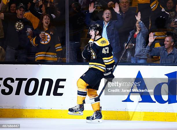 Torey Krug of the Boston Bruins celebrates his goal in the third period against the Montreal Canadiens in Game One of the Second Round of the 2014...