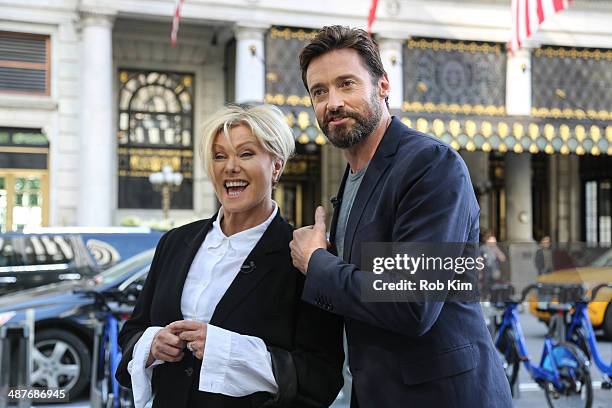 Hugh Jackman and wife Deborra-Lee Furness are seen filming outside of The Plaza Hotel on May 1, 2014 in New York City.