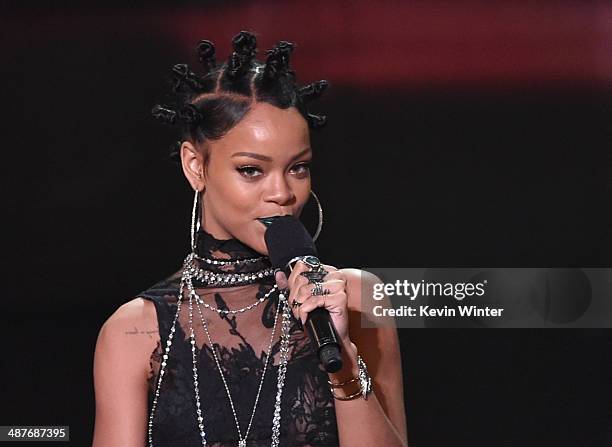 Singer Rihanna accepts the Song of the Year award for 'Stay' onstage during the 2014 iHeartRadio Music Awards held at The Shrine Auditorium on May 1,...