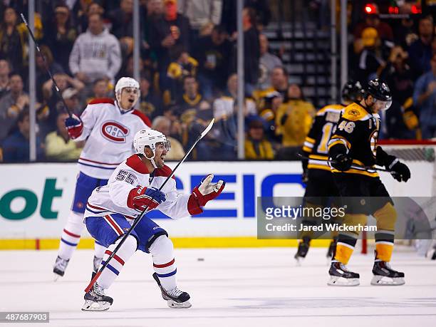Francis Bouillon of the Montreal Canadiens celebrates his goal in the third period against the Boston Bruins in Game One of the Second Round of the...