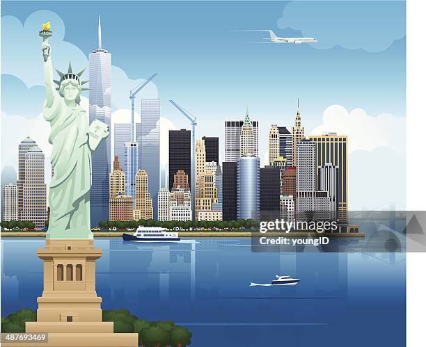 ilustrações, clipart, desenhos animados e ícones de horizonte de nova iorque-ilustração - statue of liberty new york city