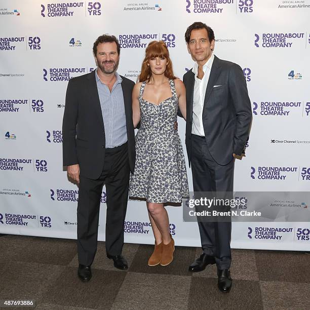 Actors Douglas Hodge, Kelly Reilly and Clive Owen arrive for Roundabout's 50th anniversary season party held at the Roundabout Theatre Company on...