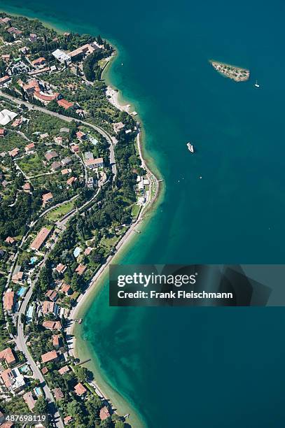 aerial view, malcesine, lake garda, isola di immaginazione, veneto, verona province, italy - immaginazione stock pictures, royalty-free photos & images