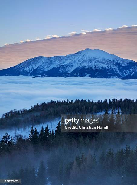 schneeberg mountain and the schneealm alpine pasture, sunset, thal, pernitz, lower austria, austria - thal austria stock pictures, royalty-free photos & images