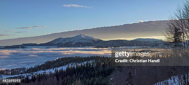 schneeberg mountain and the schneealm alpine pasture, sunset, thal, pernitz, lower austria, austria - thal austria stock pictures, royalty-free photos & images