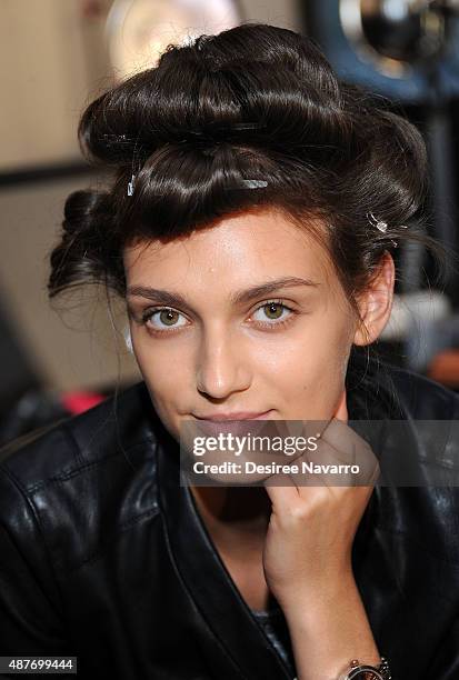 Model poses backstage during the House of Gant Presentation Spring 2016 New York Fashion Week on September 10, 2015 in New York City.