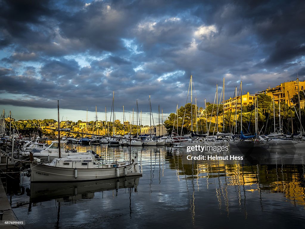 Harbour at sunset, Porto Cristo, Majorca, Balearic Islands, Spain