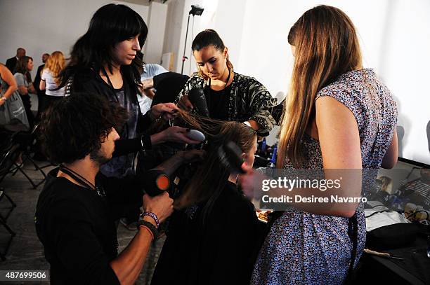 Model prepares backstage during the House of Gant Presentation Spring 2016 New York Fashion Week on September 10, 2015 in New York City.