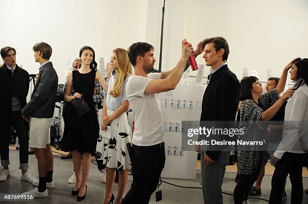 Model prepares backstage during the House of Gant Presentation Spring 2016 New York Fashion Week on September 10, 2015 in New York City.