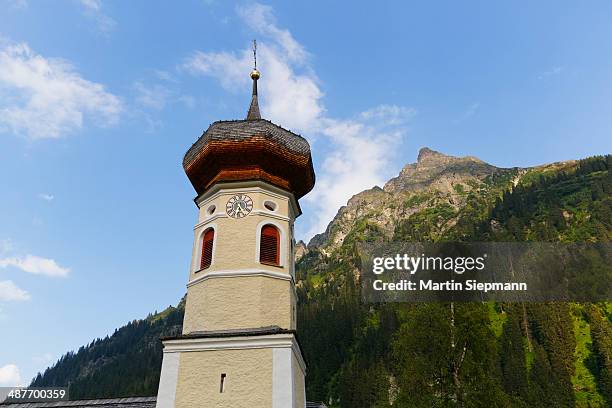filial church of st. mary magdalene, gargellen, in front of schmalzberg mountain, montafon, vorarlberg, austria - montafon valley stock pictures, royalty-free photos & images