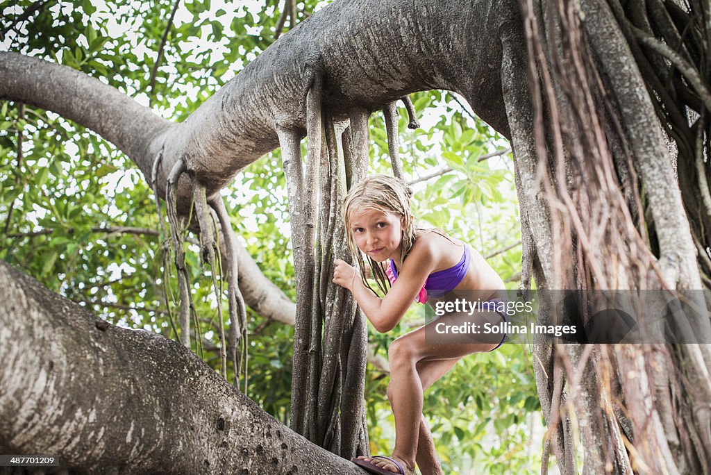 Caucasian girl climbing tropical tree
