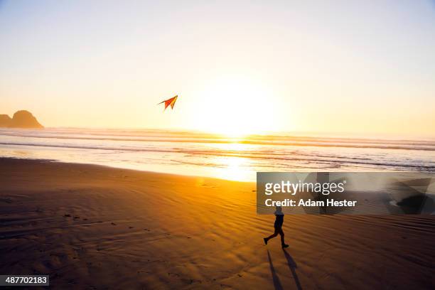 caucasian woman flying kite on beach - adam pretty stockfoto's en -beelden